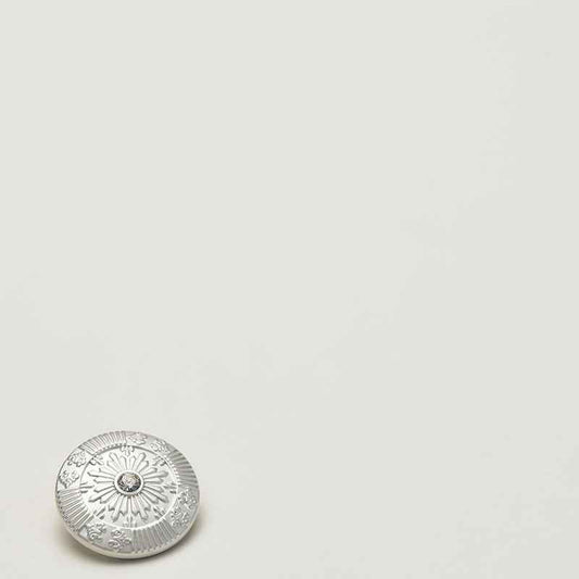 Frosted metallic sun shank button, light silver tone with crystal center, front view