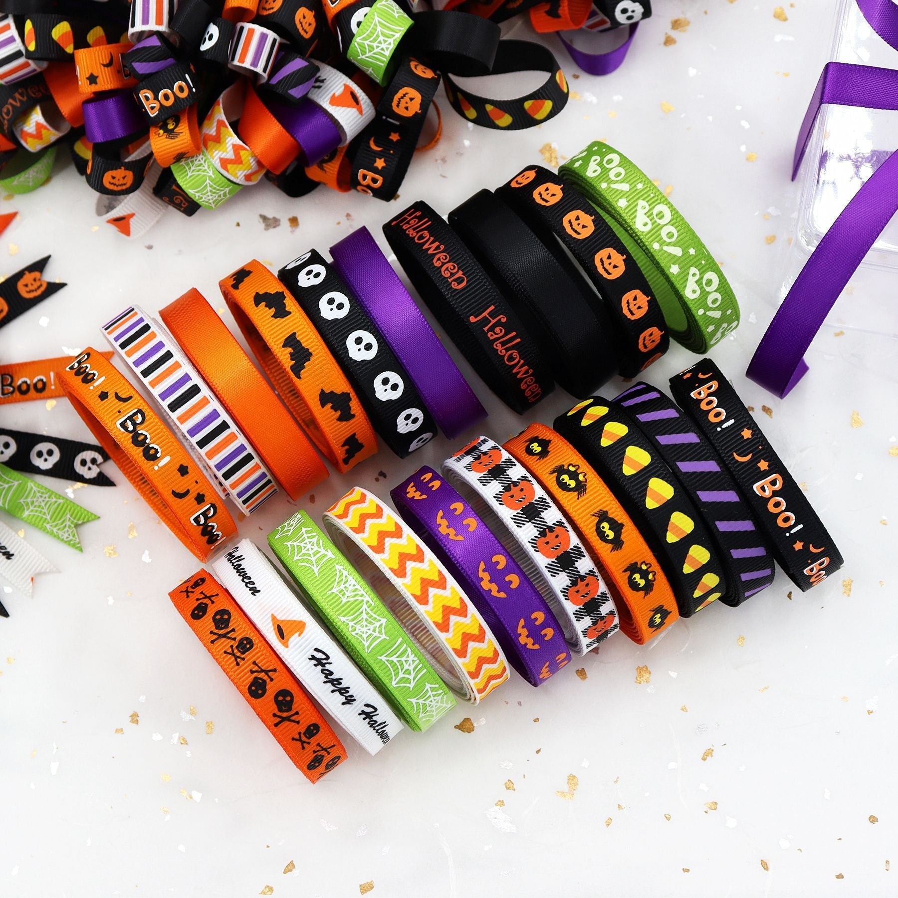 Halloween ribbon assortment: striped pumpkin/skull prints in orange, purple, green strips