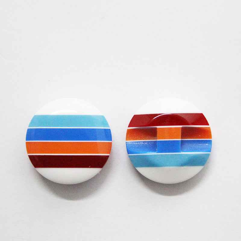 Round striped resin buttons with hidden hole, blue and orange bands with dark red stripe