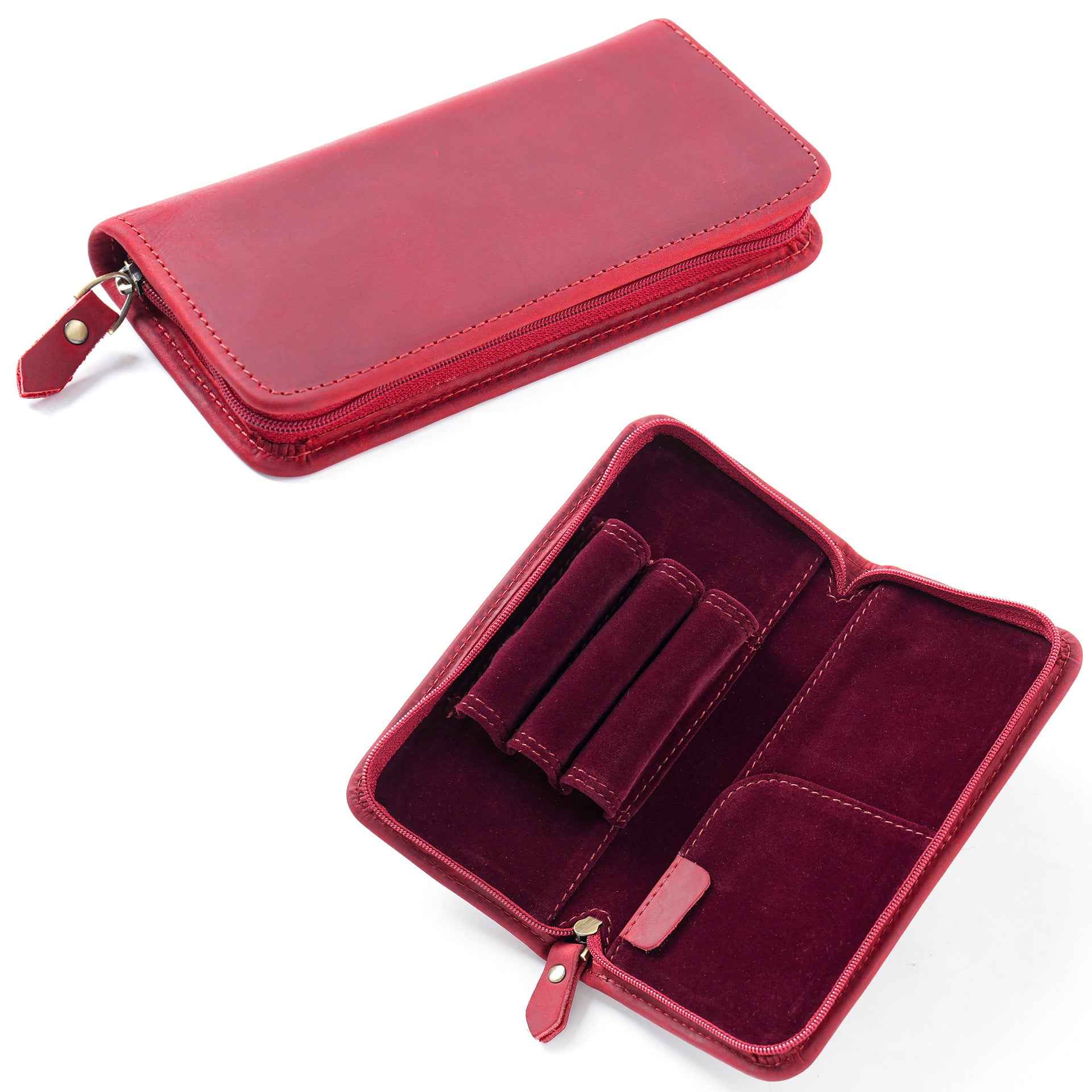Crazy Horse Leather Fountain Pen Pouch Full-Grain Cowhide Zipper Case Red