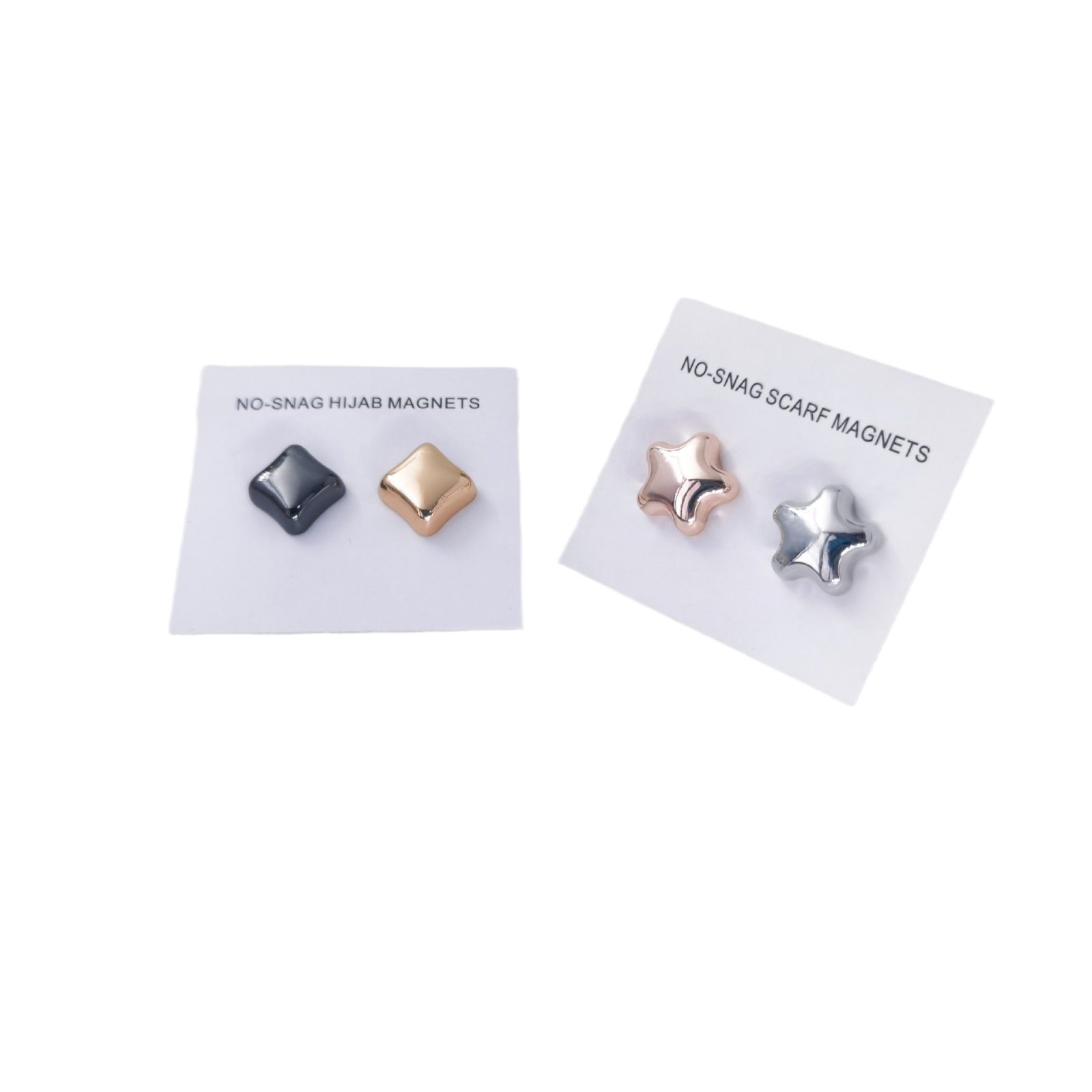 Hijab magnetic pins: square and star no-snag scarf magnets on product cards