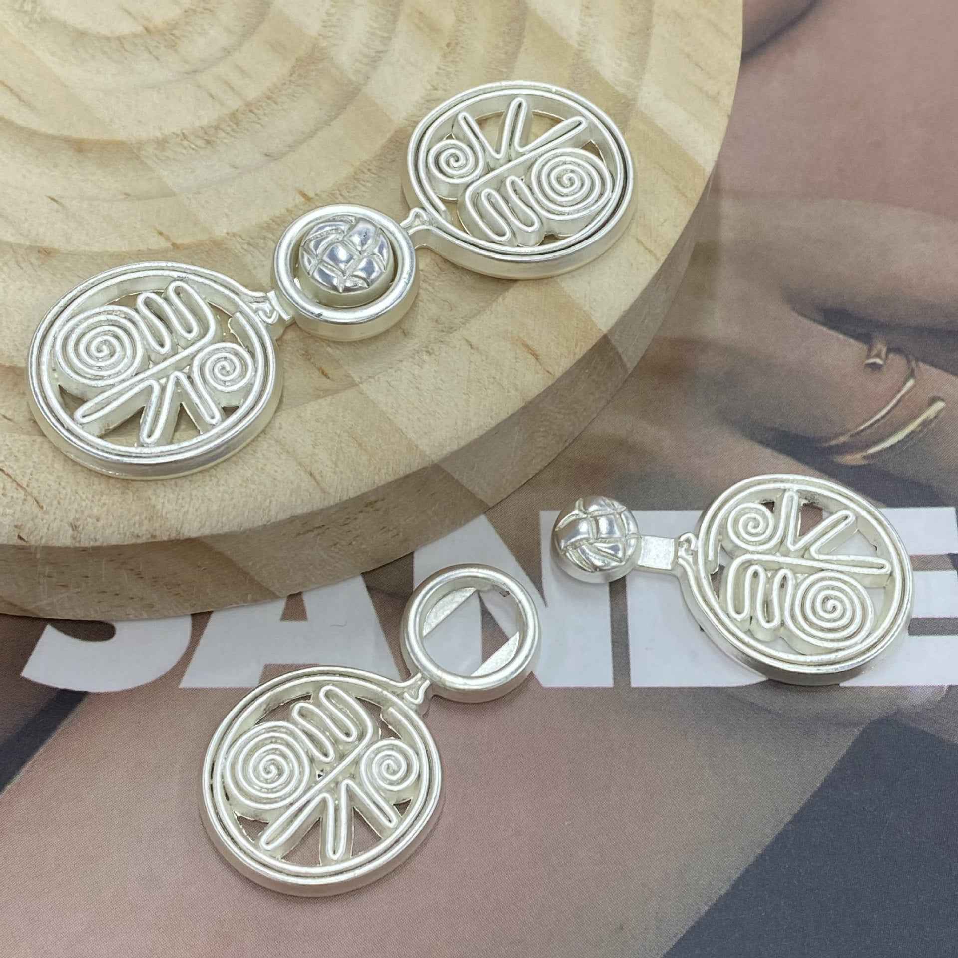 Mist white metal frog buttons set of 6 with engraved swirl and clasp detail