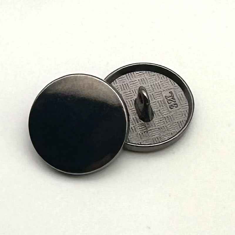 Gunmetal round flat metal shank button, smooth front with looped shank back