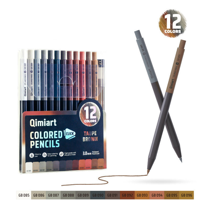 Qimiart Click Retractable Colored Pencils Set of 12 Oil-Based Includes Sharpener Taupe Brown