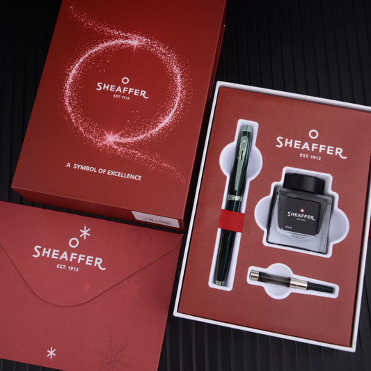 Sheaffer 100 Fountain Pen Gift Set – Fine Nib (~0.5mm), White Clip, Converter & Ink Included | All-Steel / Black Lacquer / Blue Lacquer