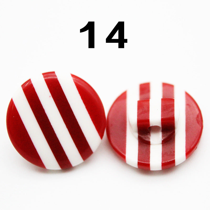 Rainbow striped resin shirt button, round, red with white vertical stripes and red shank; Color 14
