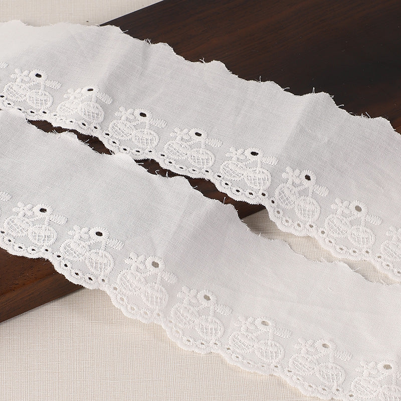 Close-up white lace trim with floral medallions and dotted eyelets, 60mm