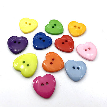 Colorful resin heart buttons, cartoon style, two-hole design; yellow, green, purple, blue