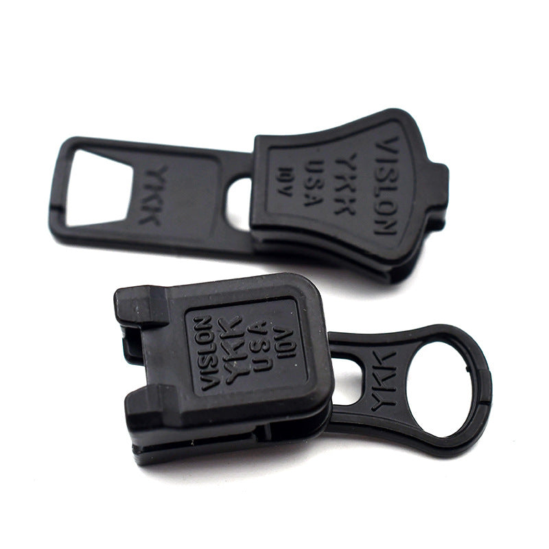 Jacket zipper pulls set—black molded YKK Vislon #10, 4-pack, metal pull tab