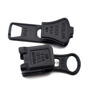 Jacket zipper pulls set—black molded YKK Vislon #10, 4-pack, metal pull tab