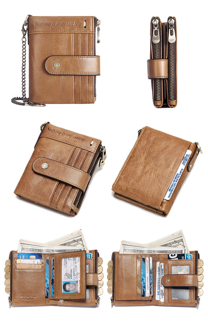 RFID Genuine Leather Card Holder Men's Wallet Double Zipper