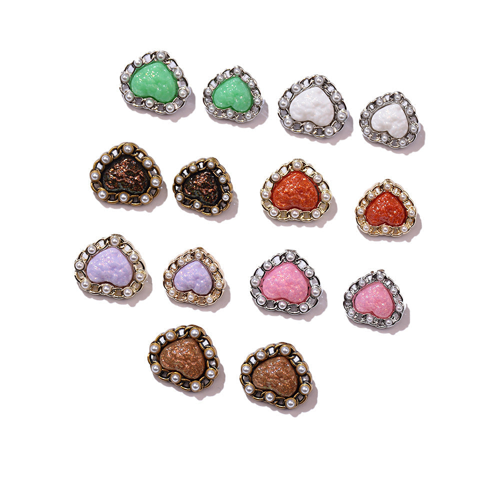 Heart-shaped resin metal buttons set, mixed colors with pearl trim and ornate metal frames