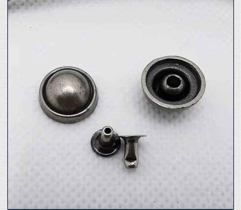 Antique silver mushroom rivet set: front cap, back plate opening, and hammer-ready post