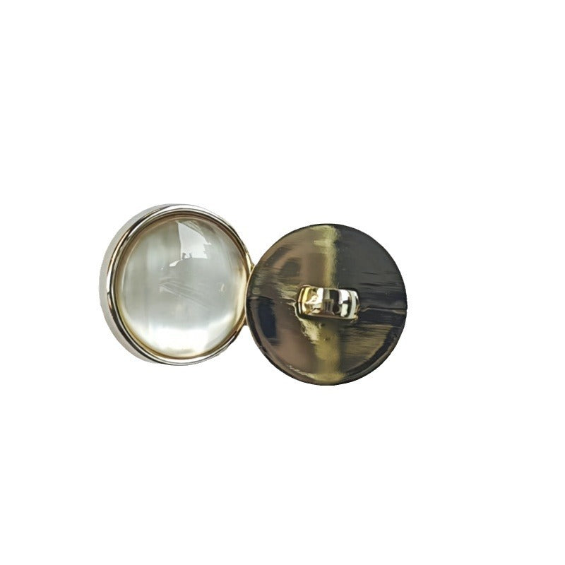 Round pearlized cat’s eye plastic shirt buttons, iridescent gold and white, shank back