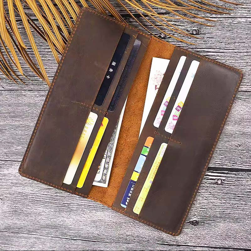 Handmade Crazy Horse Leather Long Wallet for Men Brown