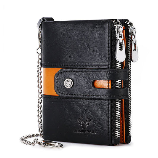 Men's Retro Leather Wallet,Double Zipper Black