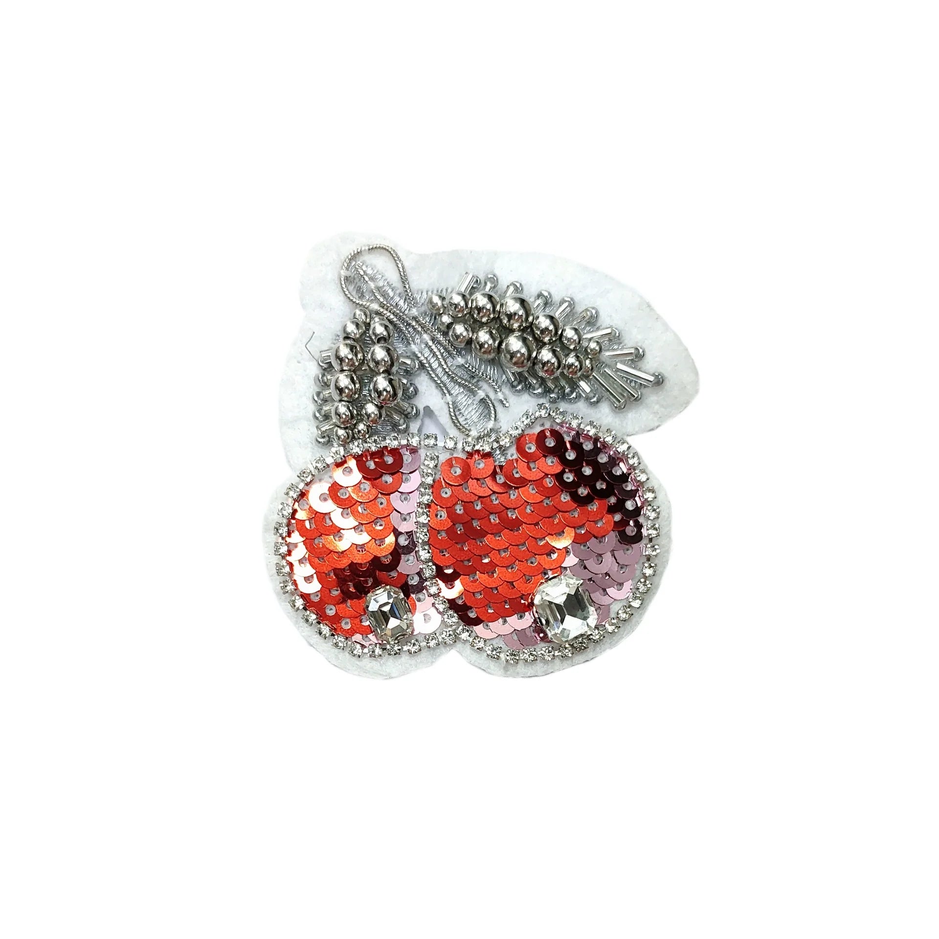 Red-and-silver sequin cherry appliqué with small dangling bead accents