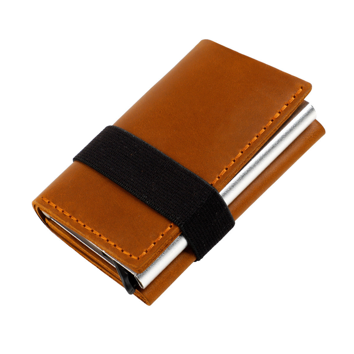 Leather RFID Blocking Card Holder Wallet Pop-Up Aluminum Case Brown