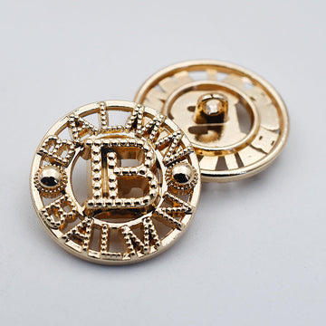 Gold round metal shank button with hollow letter B, rhinestone-style border, 22mm