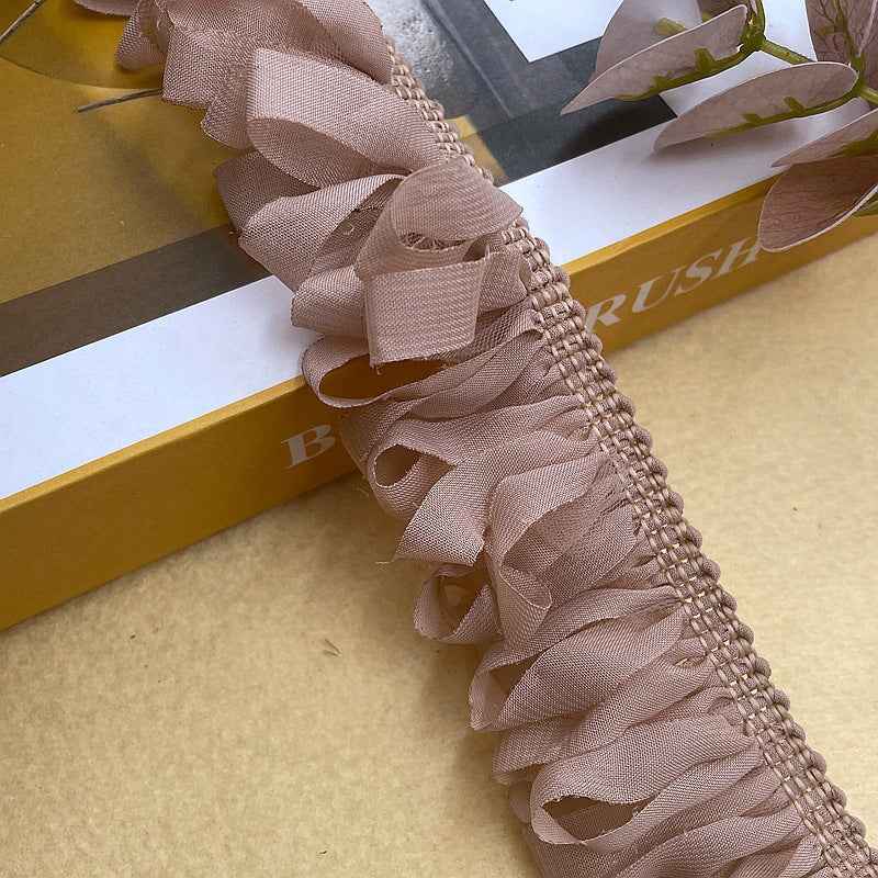 Woven chiffon fringe trim with tassels, braided edge, khaki, 5 cm