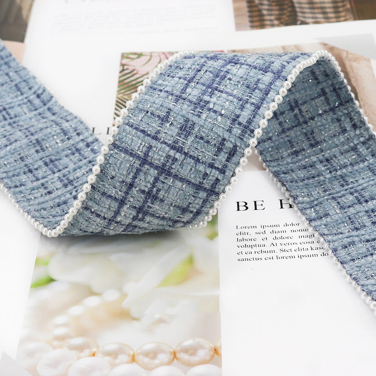 Light blue checkered flannel ribbon with white bead edge, 38mm wide