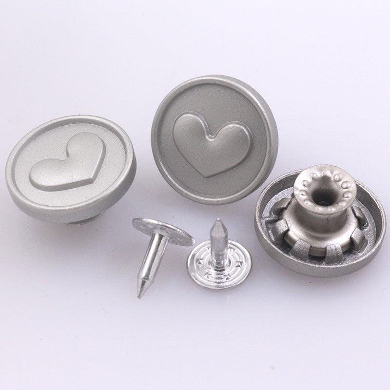 Vintage silver heart-pattern stud button set for denim jeans, with clasp pieces