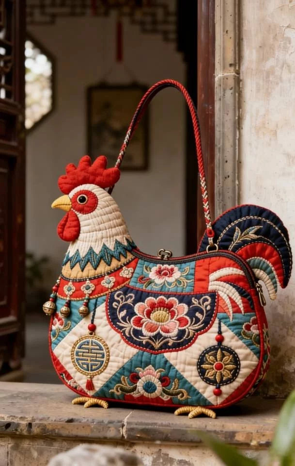 Handmade Rooster Embroidery Tote Bag – New Chinese Style Large-Capacity Fabric Shoulder Bag C
