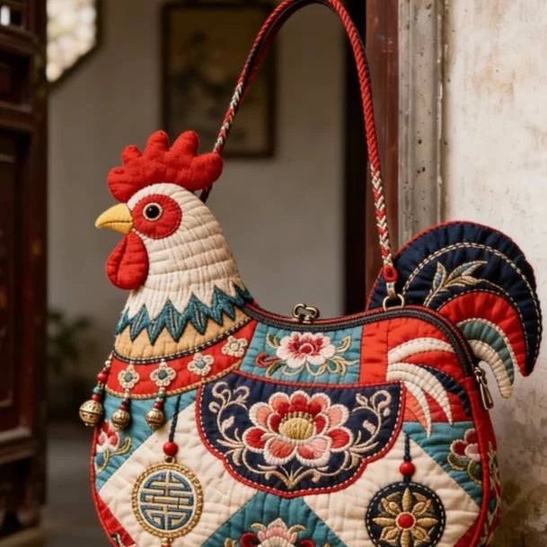 Handmade Rooster Embroidery Tote Bag – New Chinese Style Large-Capacity Fabric Shoulder Bag