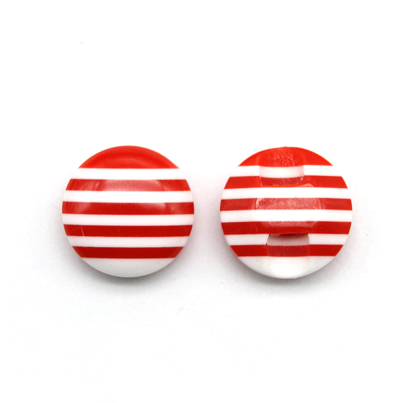 Round red-and-white striped resin buttons with hidden hole, glossy surface