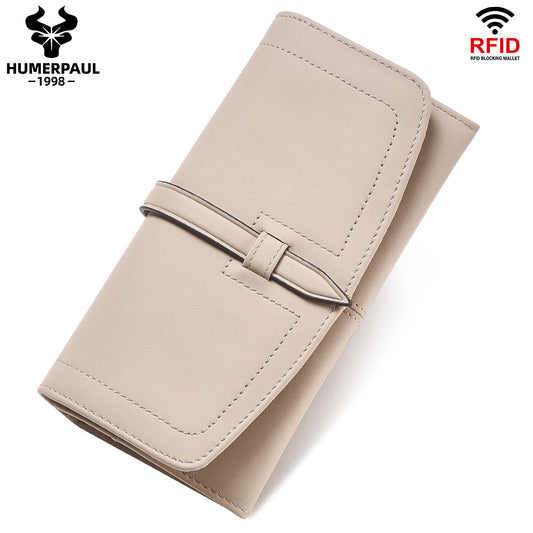 Women's Genuine Leather RFID Wallet – Long Zip Clutch Full Grain Cowhide Beige