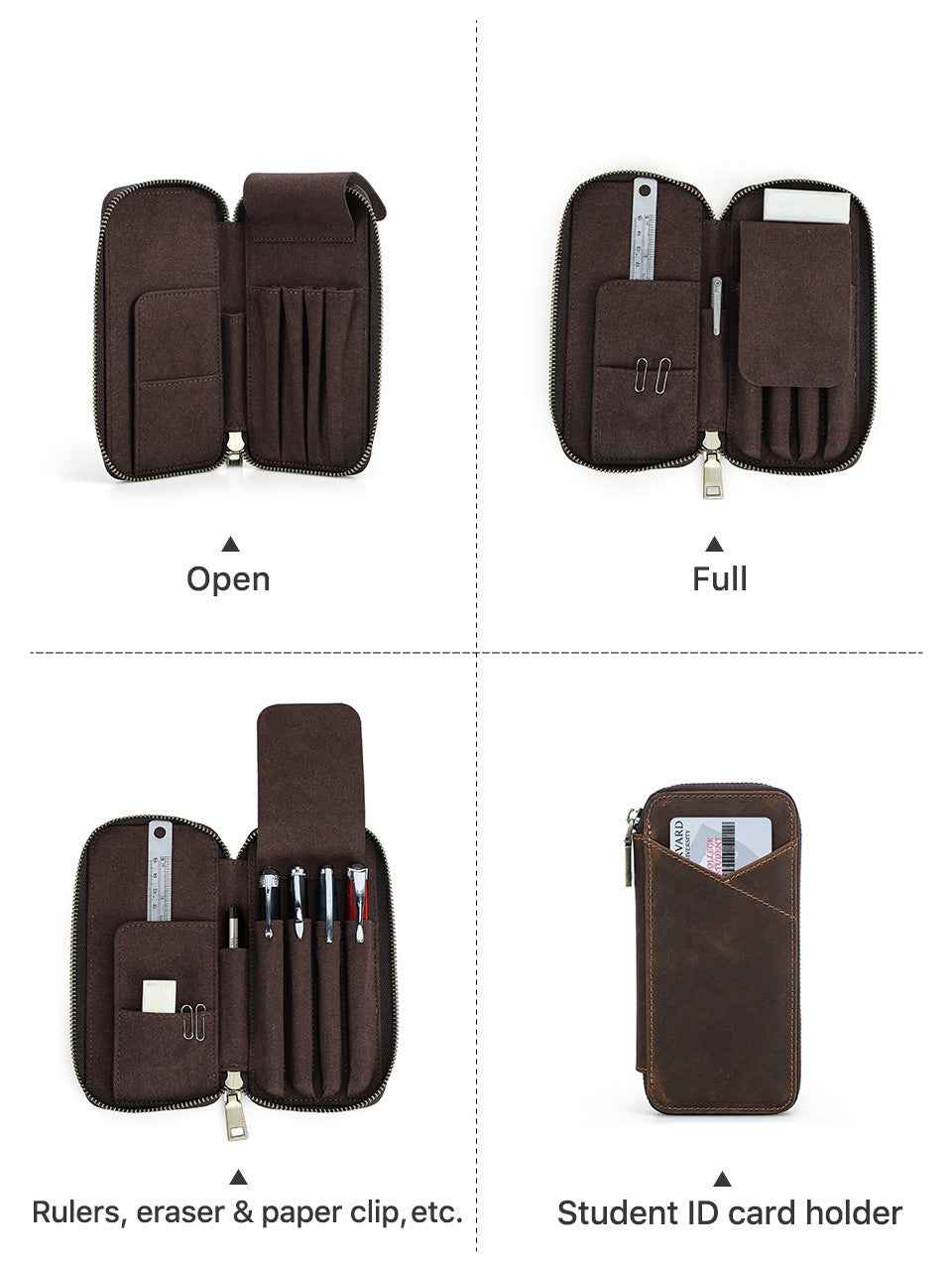 Leather Pencil Case – Handmade Zipper Pen Pouch with 7 Organized Slots