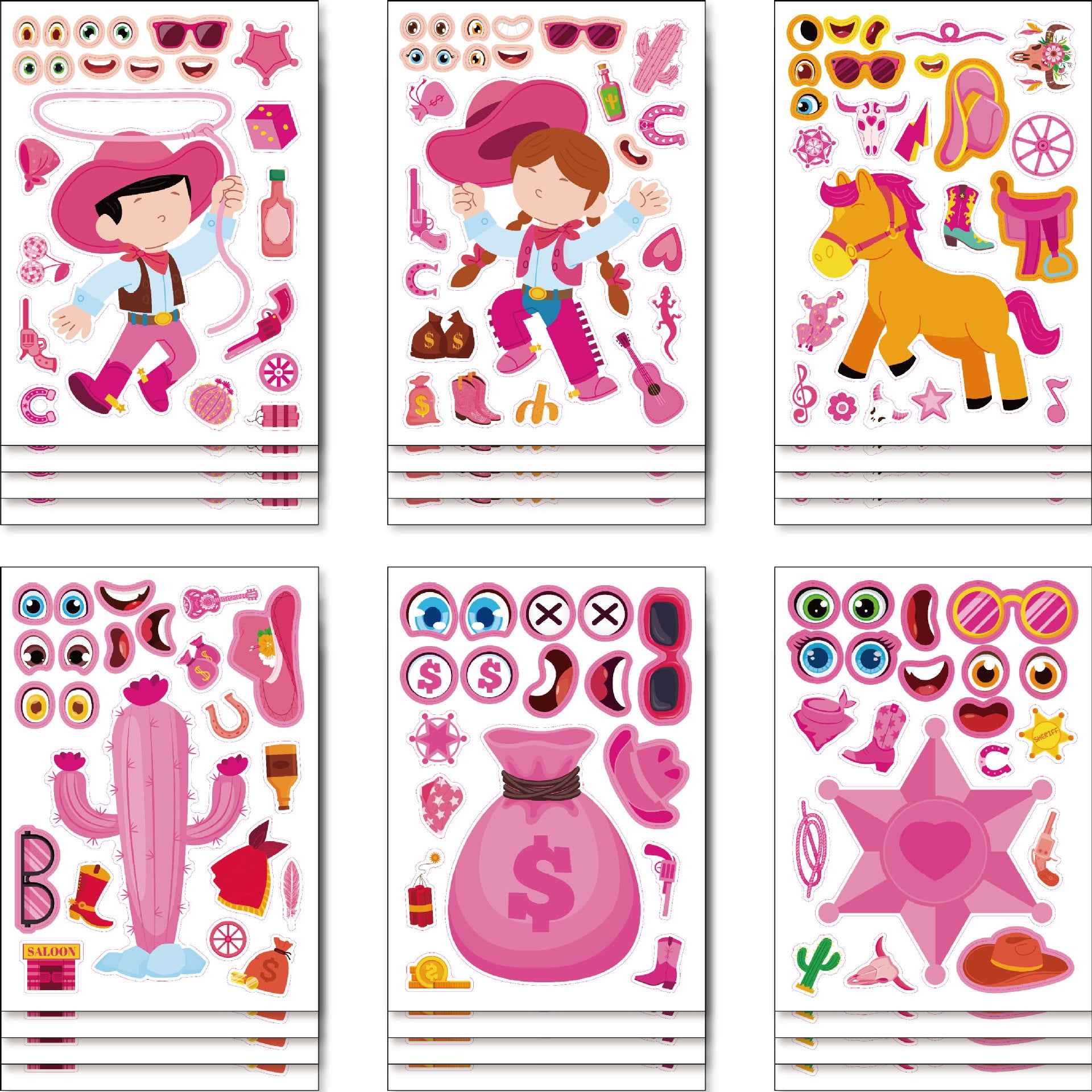 Make a Face Cartoon Pink Cowboy DIY Stickers for Kids 24 Sheets