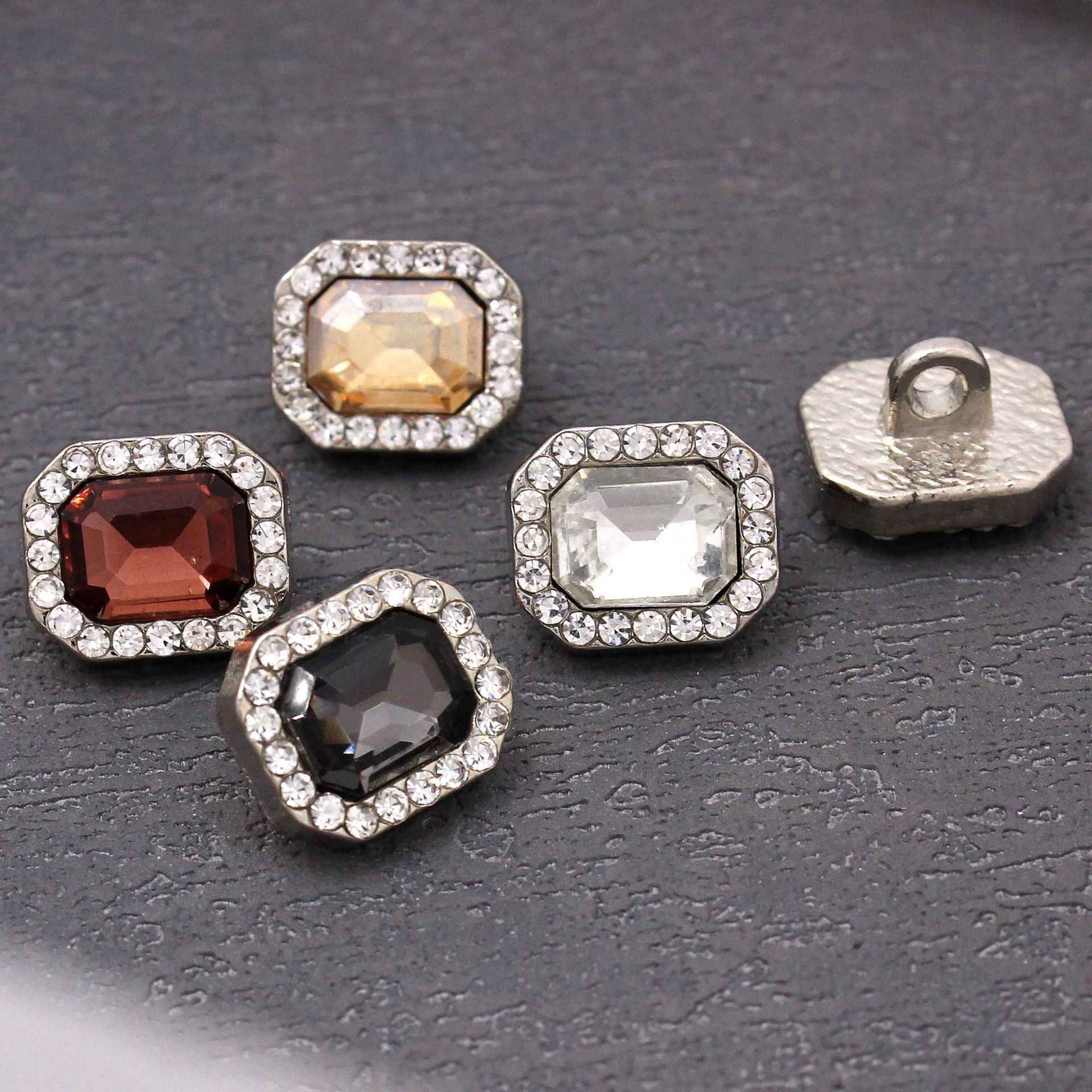 Rectangle crystal glass buttons with silver shank backs and mixed colored stones