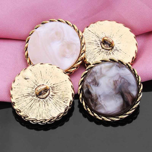18pcs round resin metal buttons with gold braided rim, light pink and dark gray faces