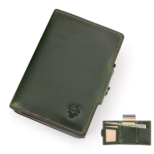 Waxed Leather Wallet Coin Purse,Auto-Eject RFID Metal Card Case Green