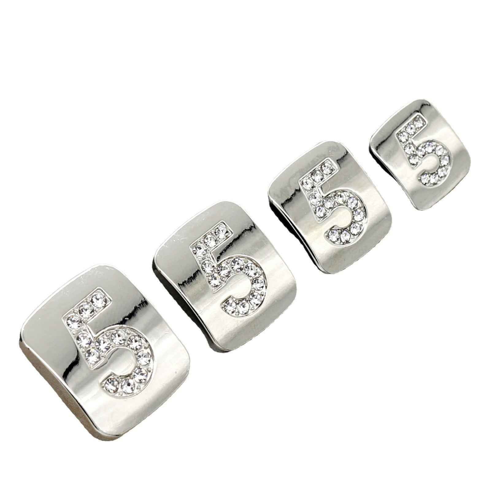 Number 5 shank button, silver tone with clear rhinestones, 1 piece