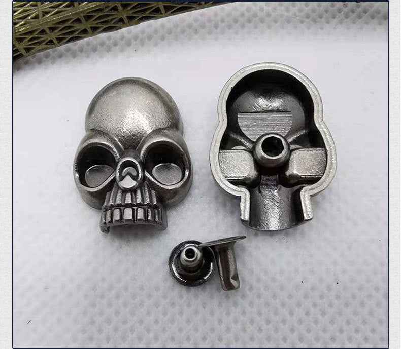 Round silver skull dome rivets with fastener back, vintage punk zinc