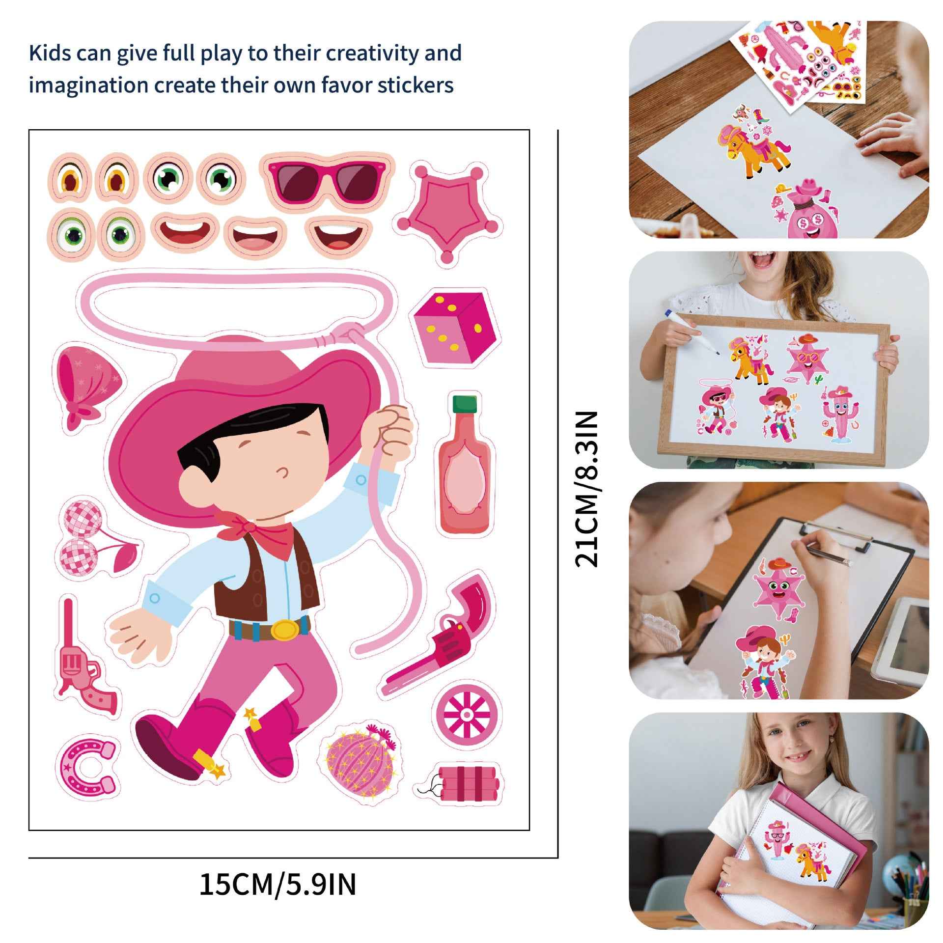 Make a Face Cartoon Pink Cowboy DIY Stickers for Kids 24 Sheets