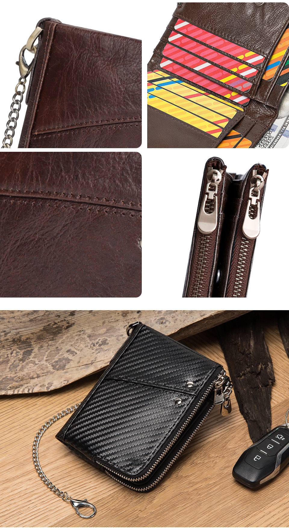 RFID Blocking Leather Short Wallet with Double Zipper