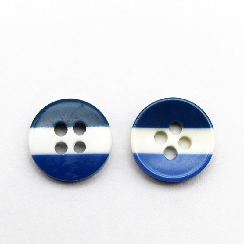Round 4-hole resin buttons, dark blue top with white stripe and blue bottom