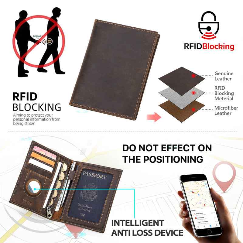 Full Grain Leather Airtag Passport Holder RFID Blocking Travel Wallet