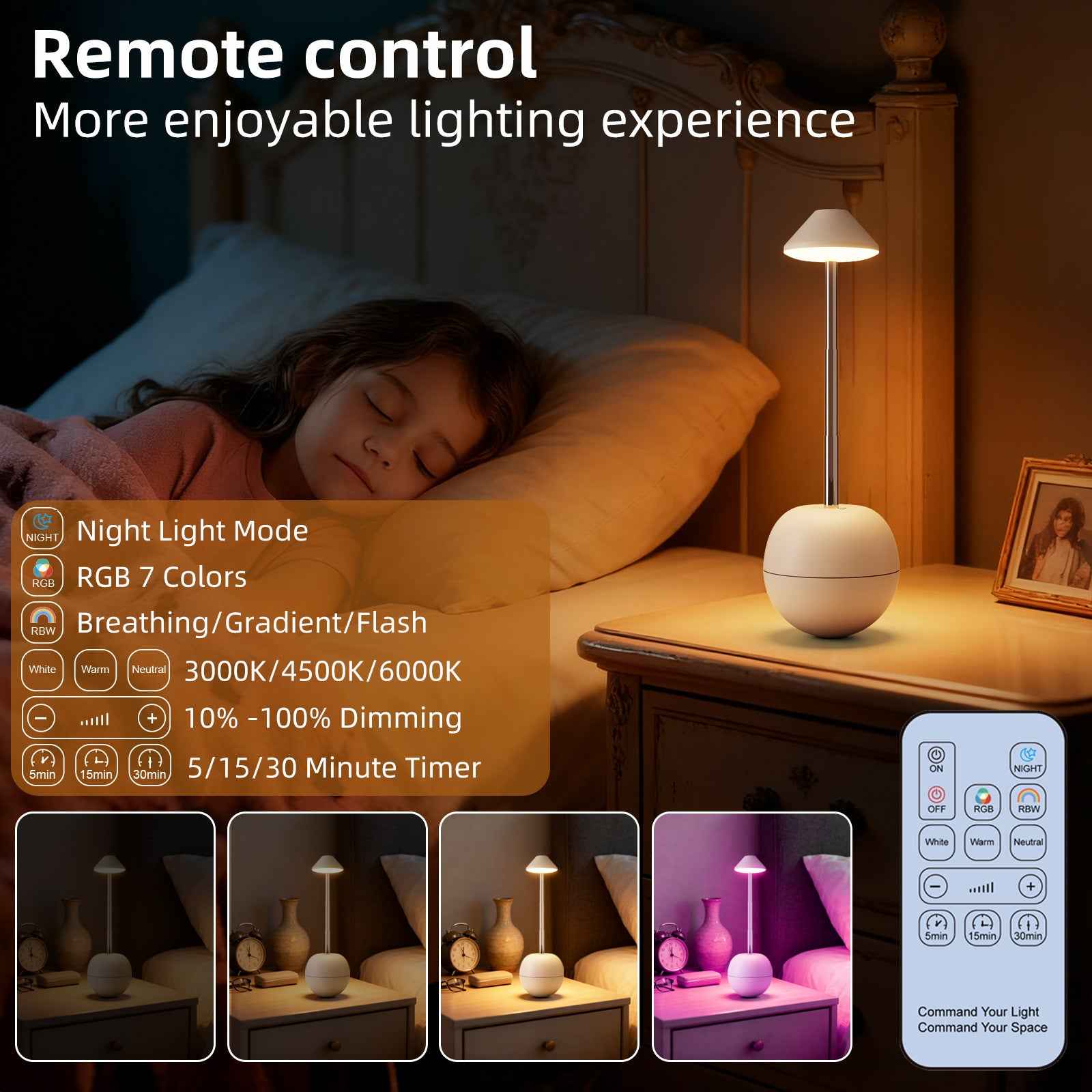 LED Night Light Rechargeable with Remote Telescopic Stem Wobble Base