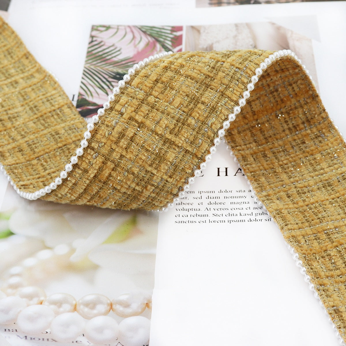 Tan checkered flannel ribbon with white bead edge, 38 mm width