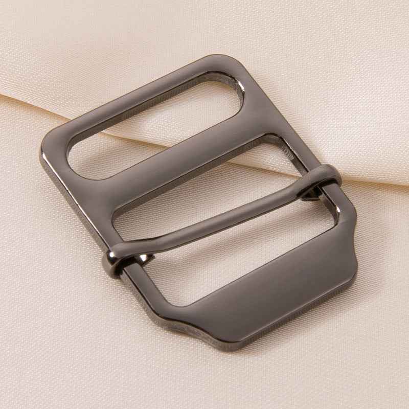 Dark gray ladder lock buckle, adjustable strap fastener with two rectangular openings