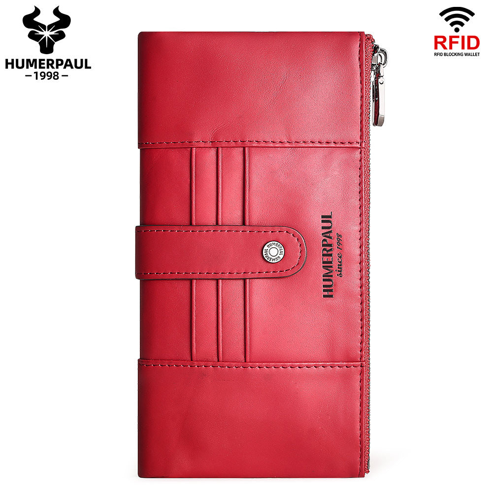 Women's Genuine Leather Long Wallet — RFID Blocking Clutch Red