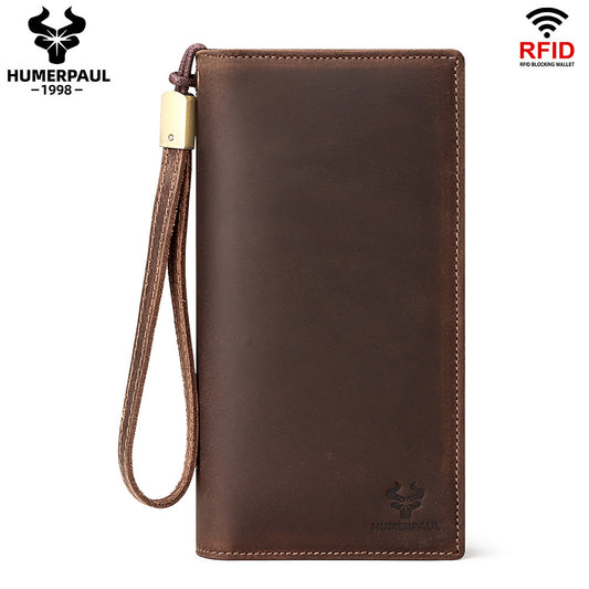 Men's Top Grain Leather Long RFID Blocking Wallet Coffee