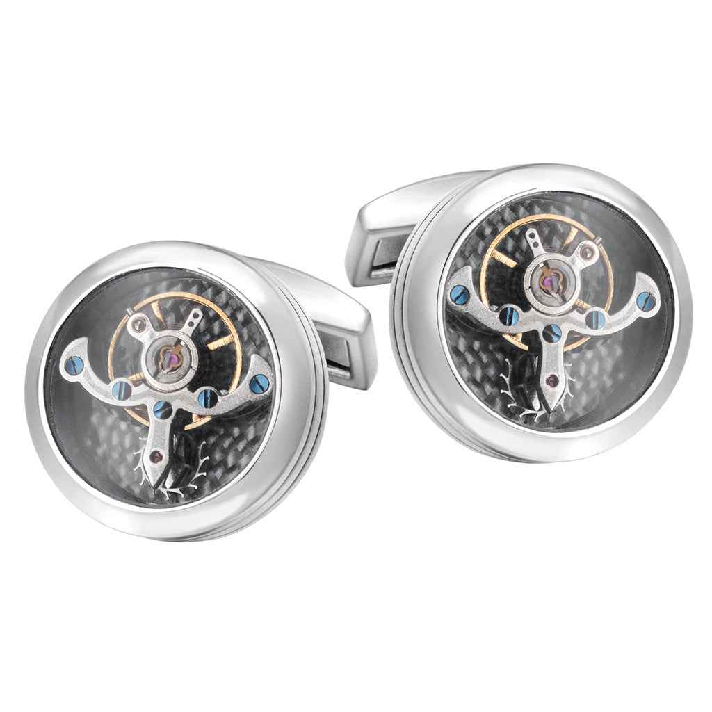 Silver-tone tourbillon movement cufflinks, round mechanical face with blue details