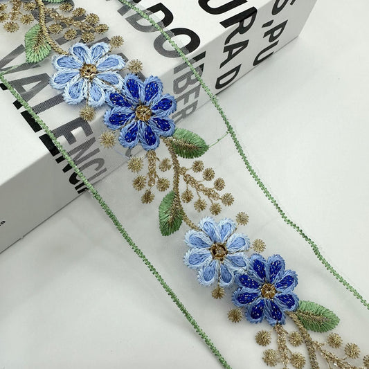 Ethnic Organza Embroidered Lace Trim 10 Yards Blue