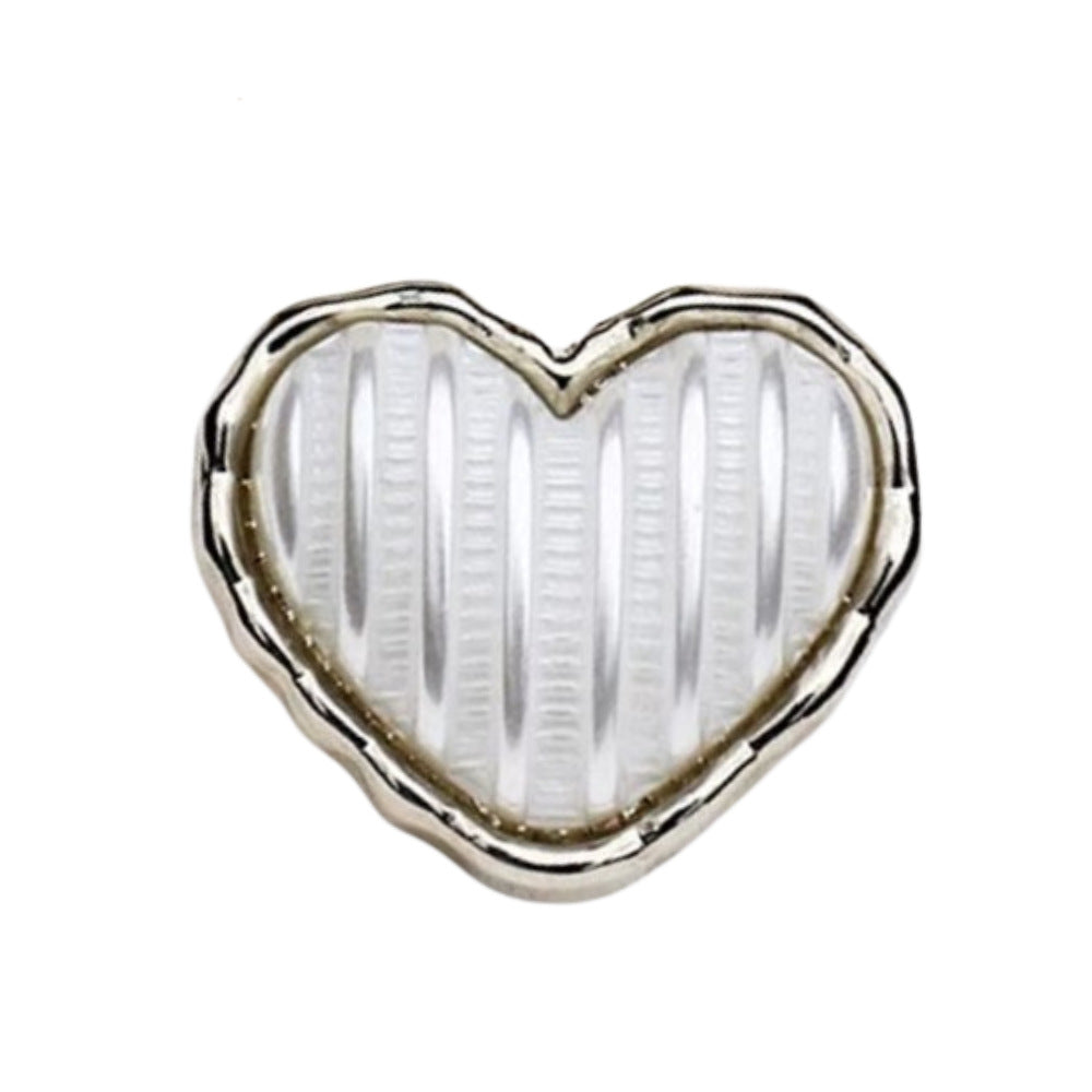 Silver heart-shaped metal shank button, vertical stripe white panel
