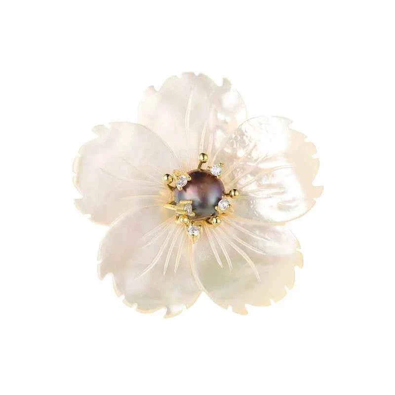 Natural shell flower brooch, baroque pearl center, gold-tone rhinestones (Style A)